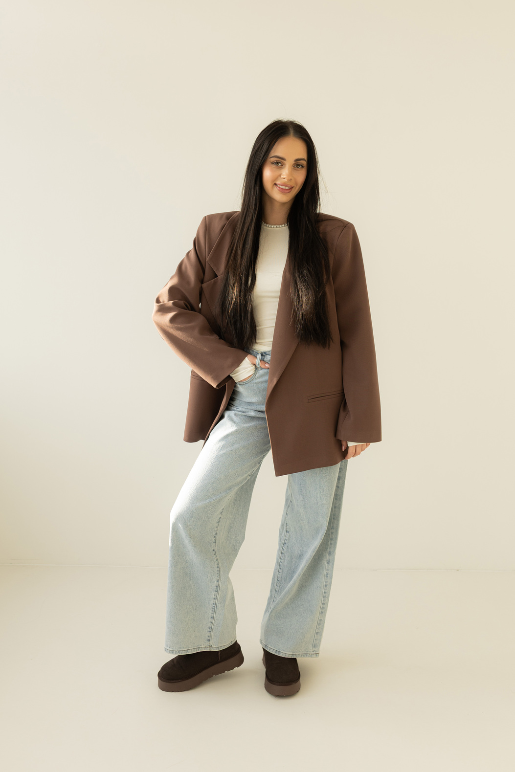 Marynarka oversize z usztywnianymi ramionami, mleczna czekolada, Pasek w zestawie - obrazek 6