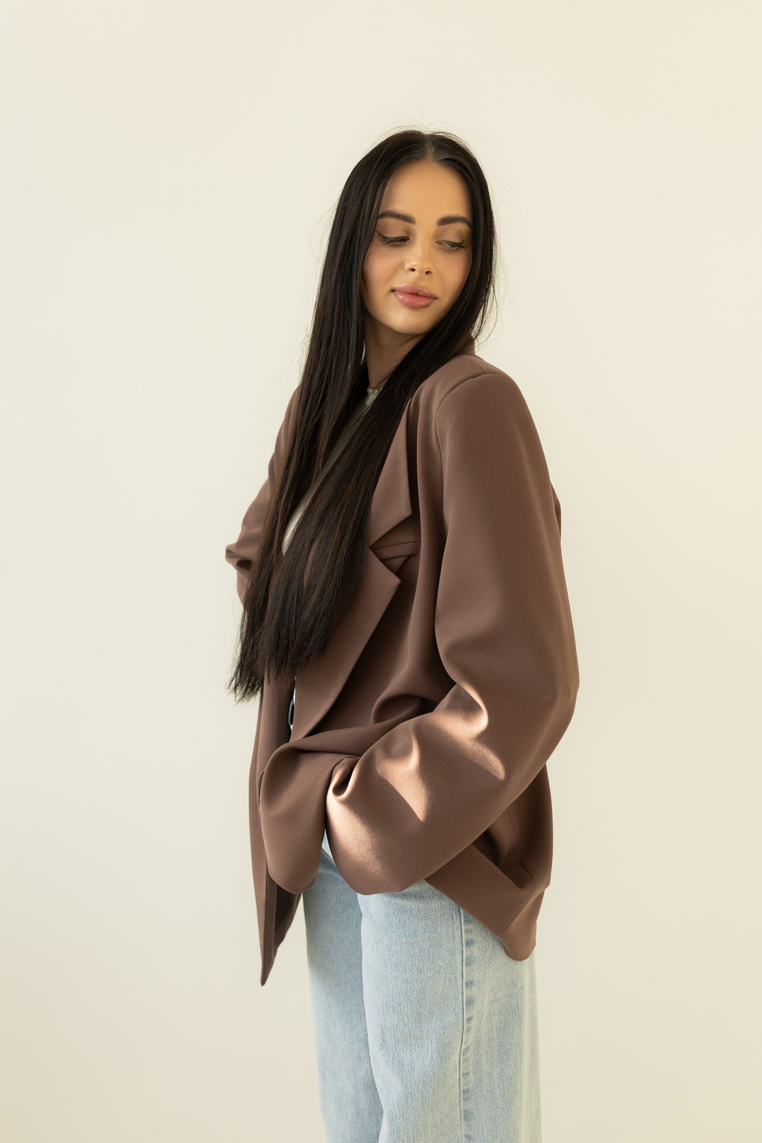 Marynarka oversize z usztywnianymi ramionami, mleczna czekolada, Pasek w zestawie - obrazek 4