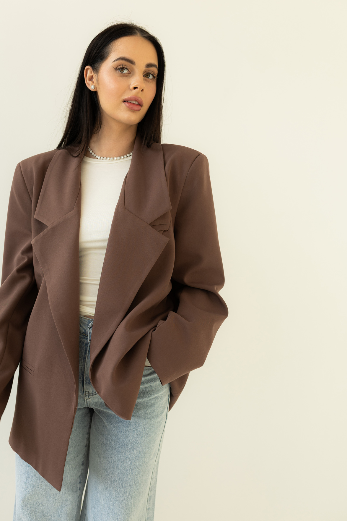 Marynarka oversize z usztywnianymi ramionami, mleczna czekolada, Pasek w zestawie - obrazek 5