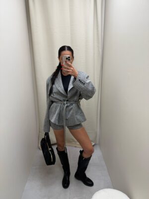 Komplet marynarka + szorty w szarą kratę - polska produkcja